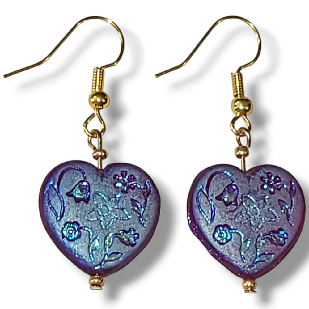 New Handmade Dichroic Art Glass Heart Earrings Red Blue Iridescent Dangle